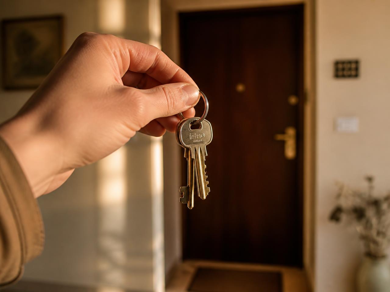 Mano che tiene le chiavi di casa davanti alla porta d'ingresso