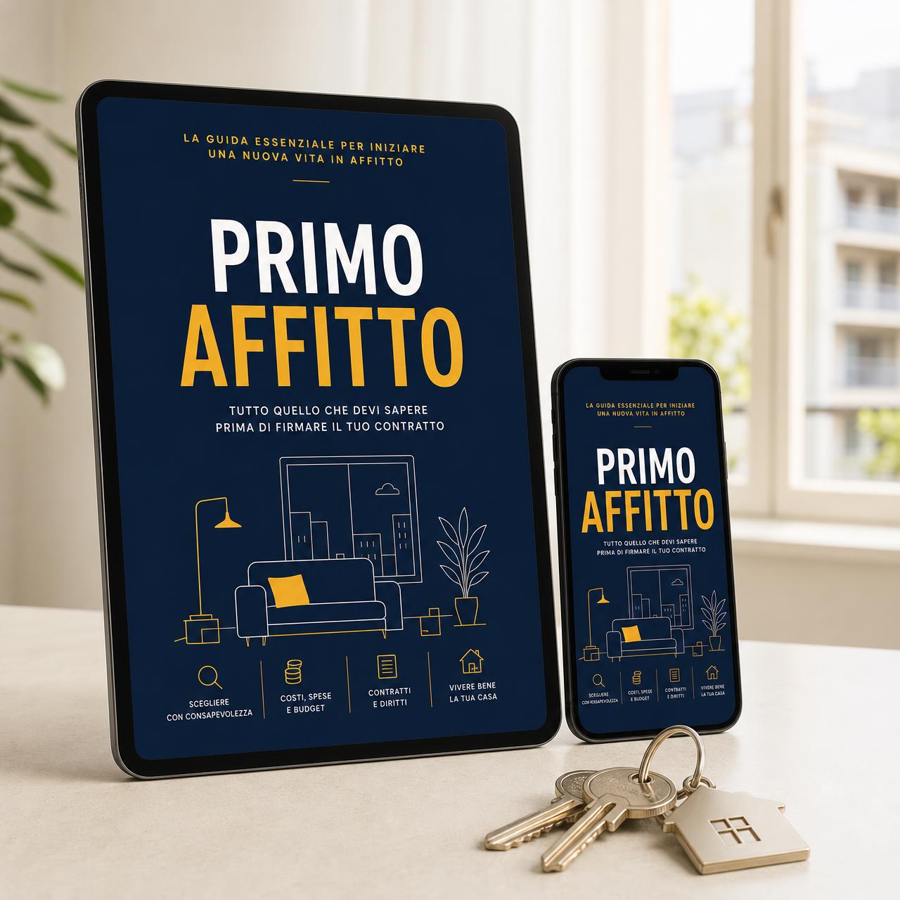 La guida digitale Primo Affitto mostrata su tablet e smartphone accanto alle chiavi di casa